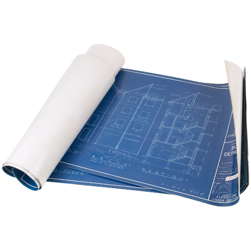 Rolled architectural blueprints symbolizing structured, intentional technical hiring and team building