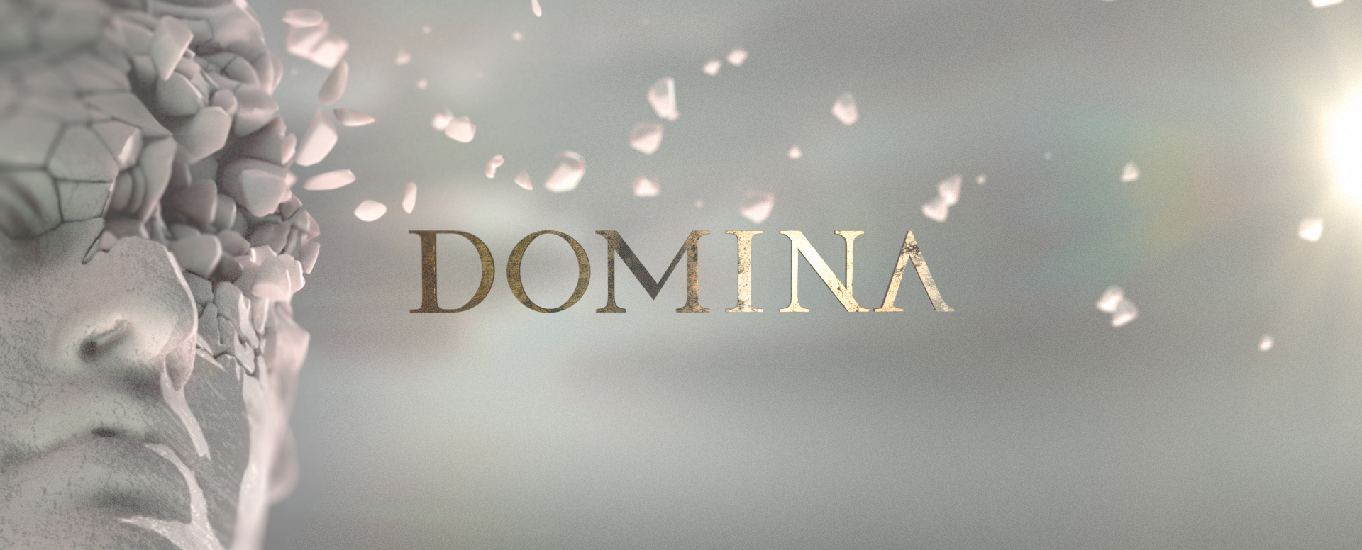 Close-up of a cracked stone face with fragments breaking away, next to the word DOMINA in metallic letters on a light gray background.