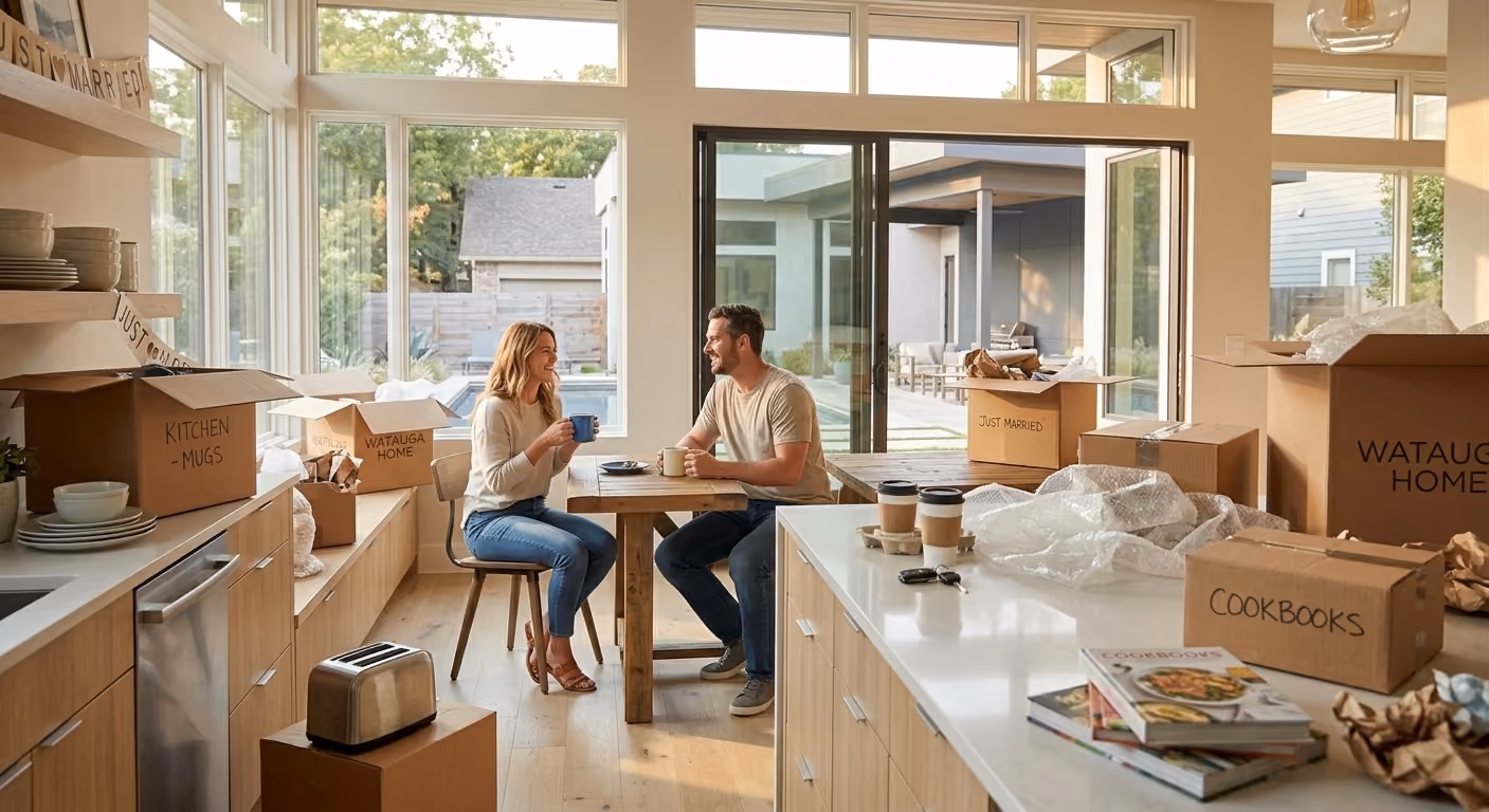 Young couple in kitchen having coffee in new home