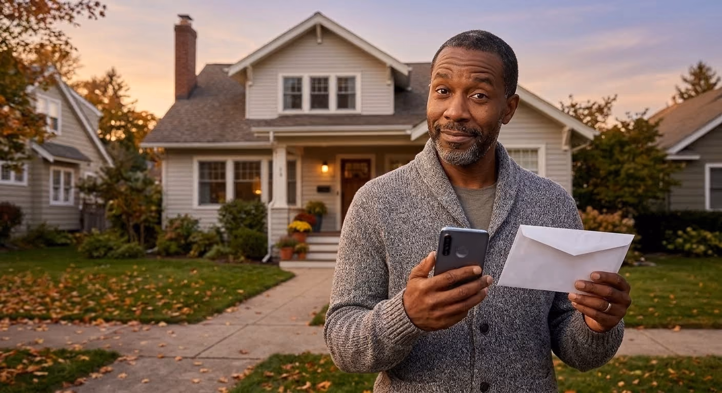Man in front of his house with mail looking at camera view