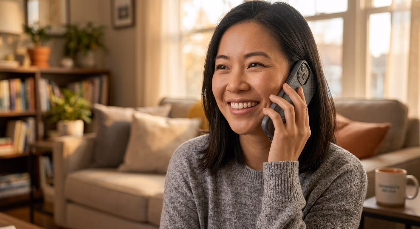 Woman on phone with customer service and shes happy