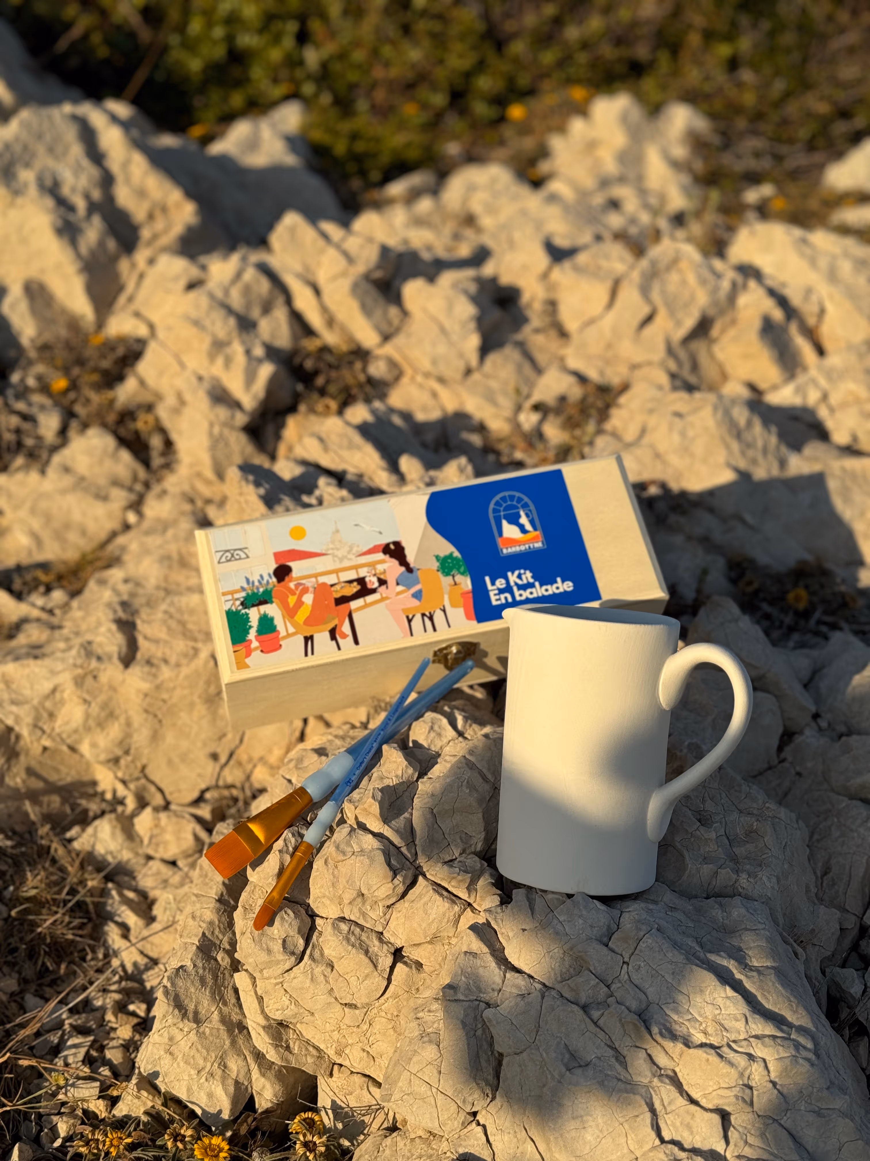 Tasse blanche, deux pinceaux de peinture et une boîte en bois intitulée «Le Kit En balade» posés sur des rochers lumineux.
