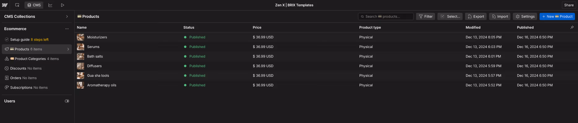 CMS interface showing a product list of six skincare items, all priced at $36.99 USD and published, with columns for status, price, product type, modified, and published dates.