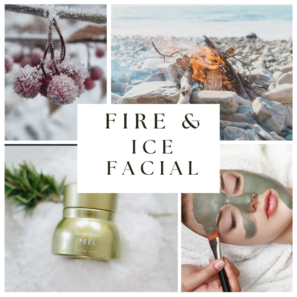 Collage showing frost-covered red berries, a small campfire on rocky beach, a skincare jar labeled Cherry Pepper Peel, and a woman receiving a green facial mask, with text 'Fire & Ice Facial' in the center.