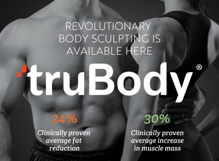 Black and white image of a muscular man and woman side by side with text promoting truBody body sculpting, highlighting 24% average fat reduction and 30% increase in muscle mass.