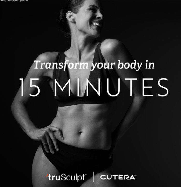 Smiling woman in black sportswear showing toned abdomen with text 'Transform your body in 15 MINUTES' and logos truSculpt and CUTERA.
