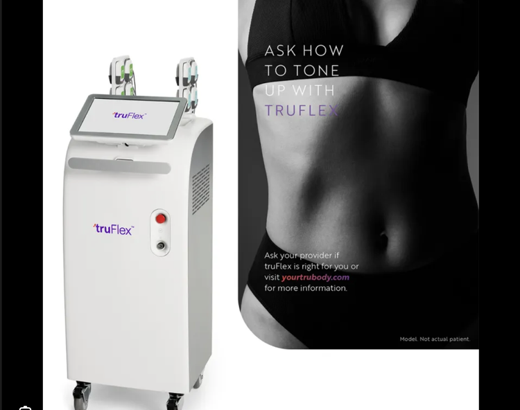 truFlex body contouring machine next to a photo of a toned midsection with text encouraging users to ask how to tone up with truFlex and visit yourtrubody.com.