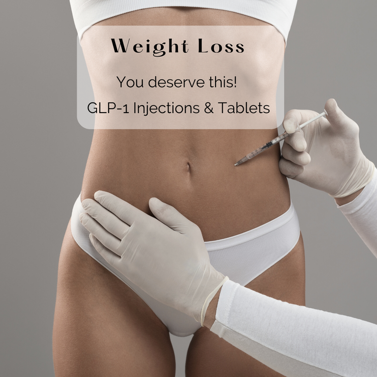 Person receiving a GLP-1 injection in the lower abdomen with text promoting weight loss injections and tablets.