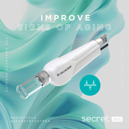Secret Duo device against abstract teal background with text 'Improve Signs of Aging' promoting skin treatment.