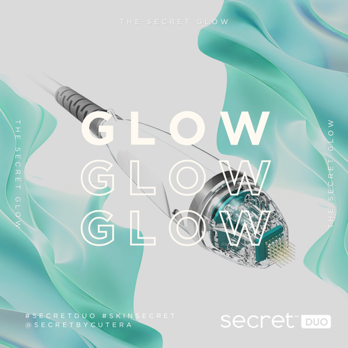 Close-up of a Secret Duo microneedling device surrounded by translucent teal and blue fabric waves with the word 'GLOW' repeated.