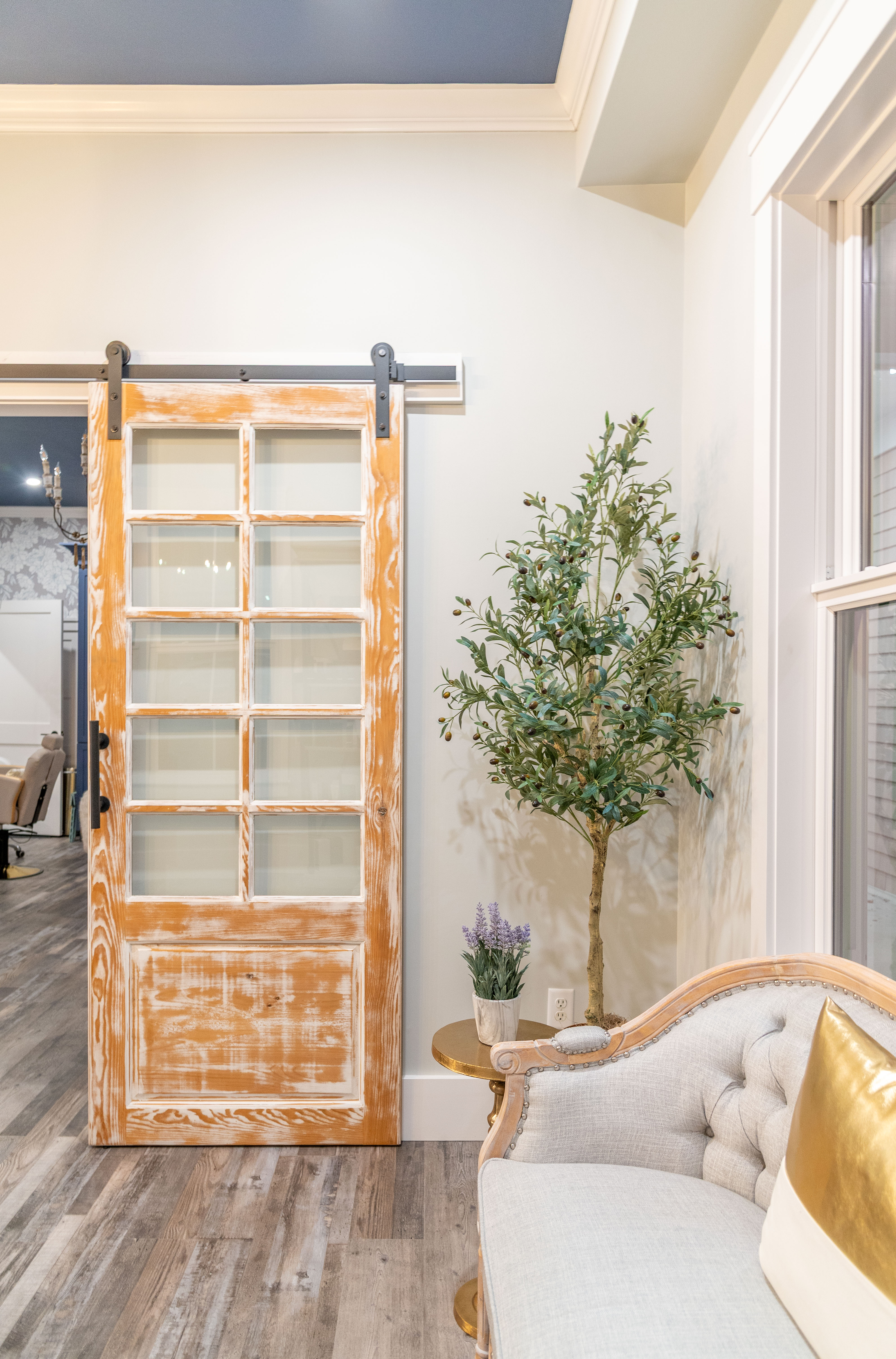 Rustic sliding barn door next to potted tree, side table, and tufted sofa with gold pillow.