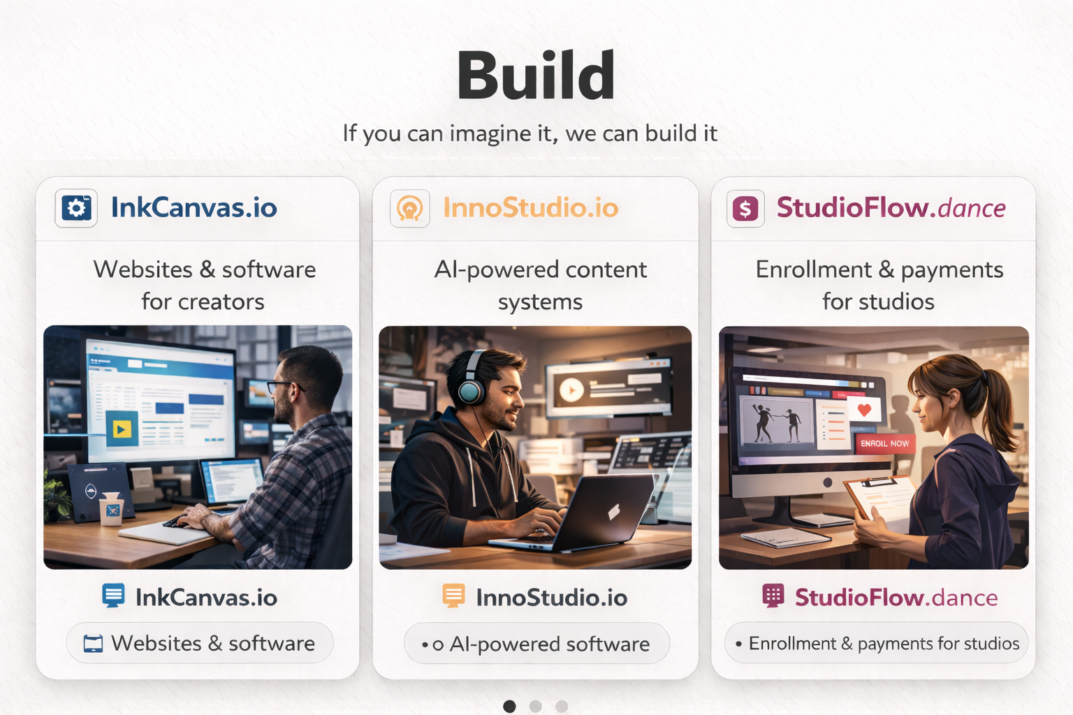 Ivan Pryntsev showcasing current projects: inkcanvas.io, innostudio.io, and studioflow.dance, highlighting innovative web and digital solutions for creative and dance businesses.