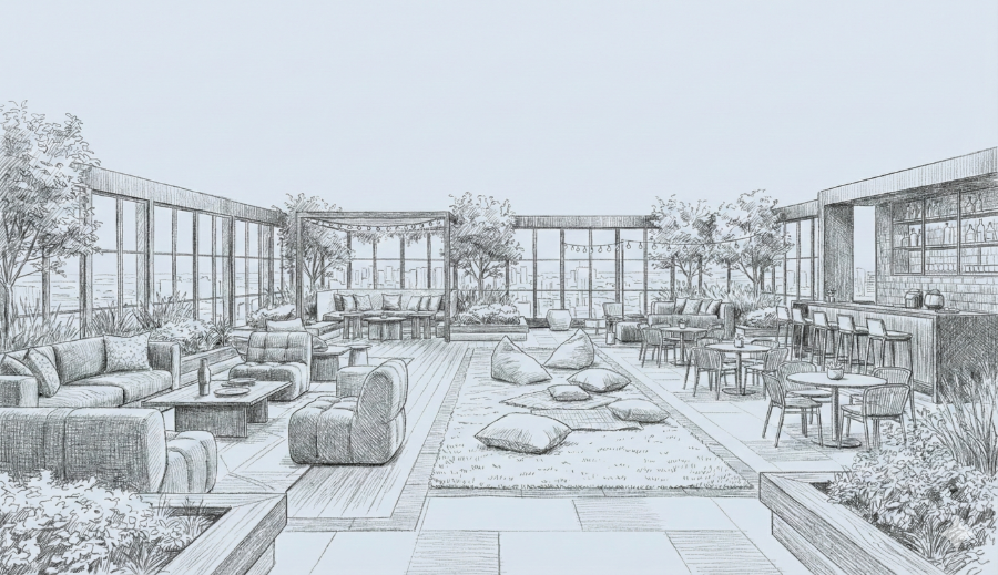 Detailed pencil sketch of a modern rooftop lounge with sofas, bean bags on a rug, tables with chairs, a bar area, plants, and large windows overlooking a cityscape.