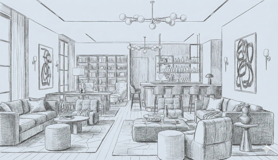 Pencil sketch of a spacious modern living room with two sofas, armchairs, ottomans, coffee tables, bar stools, and bookshelves.