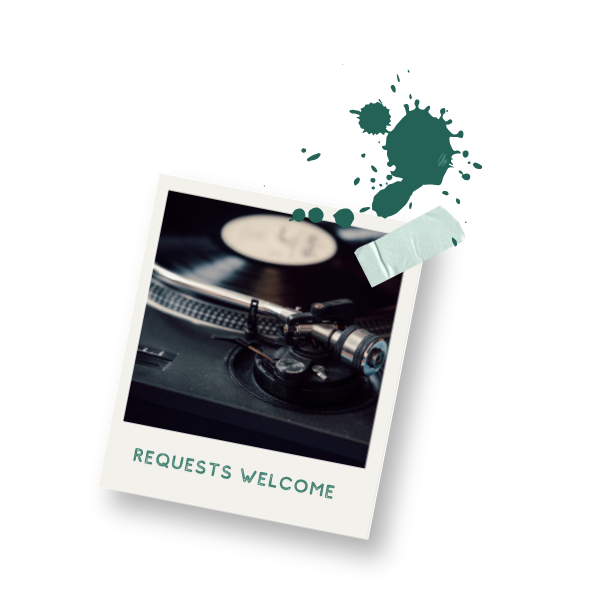 Close-up of a record player turntable with a vinyl spinning and text saying 'Requests Welcome'.