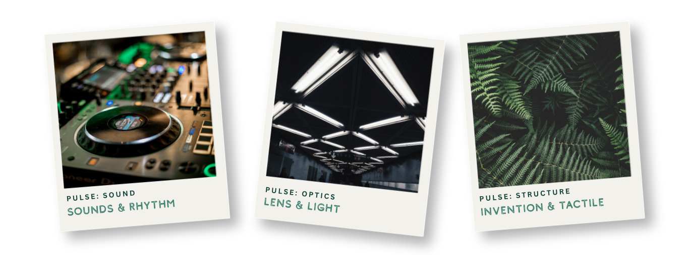 Three Polaroid-style photos depicting sound equipment, ceiling lights, and green fern leaves with related Pulse theme titles.