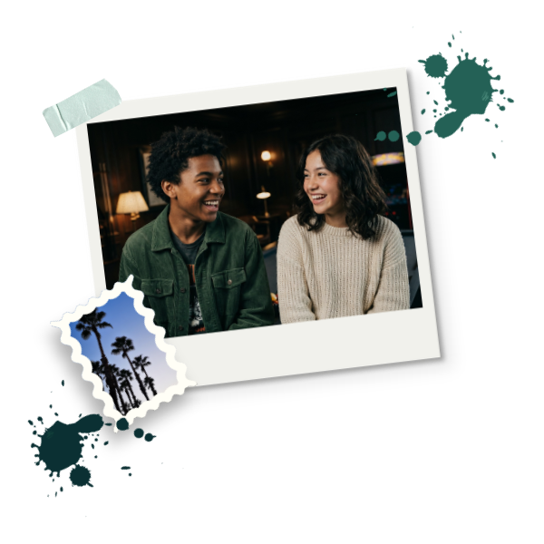 Teen boy and girl smiling at each other indoors, with photo frame and palm tree stamp graphic overlays.