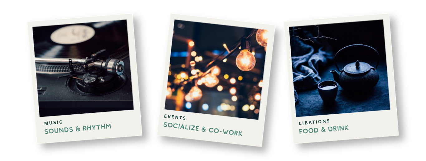 Three Polaroid-style photos titled Sounds & Rhythm, Socialize & Co-Work, Food & Drink with related visuals.