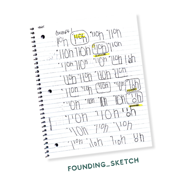 Spiral notebook page with handwritten logo concept sketches of the word 'Lloh' with some highlighted as winners.
