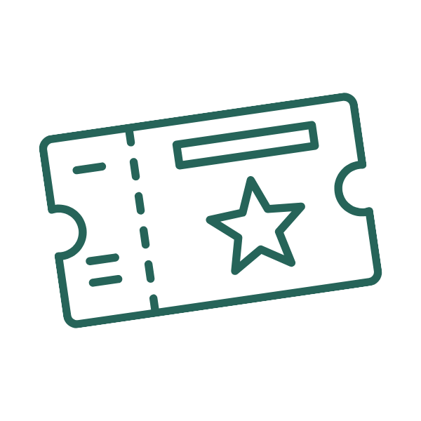 Outline of a ticket with a star symbol in the center and perforated line for event entry.