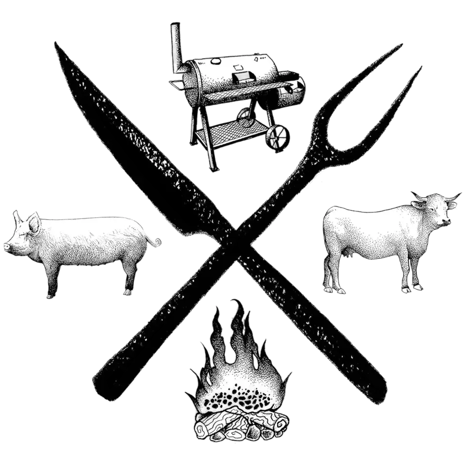 From the Ashes logo. Black and white illustration of a crossed knife and fork with a pig on the left, a cow on the right, a barbecue grill above, and a fire with logs below.