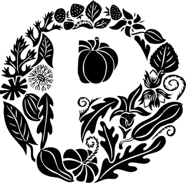 Parlour Kensal logo. Black line art of a circular wreath composed of various leaves, flowers, pumpkins, and berries.