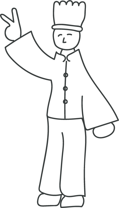 Line drawing of a chef wearing a tall hat and uniform, smiling with eyes closed, making a peace sign with one hand.