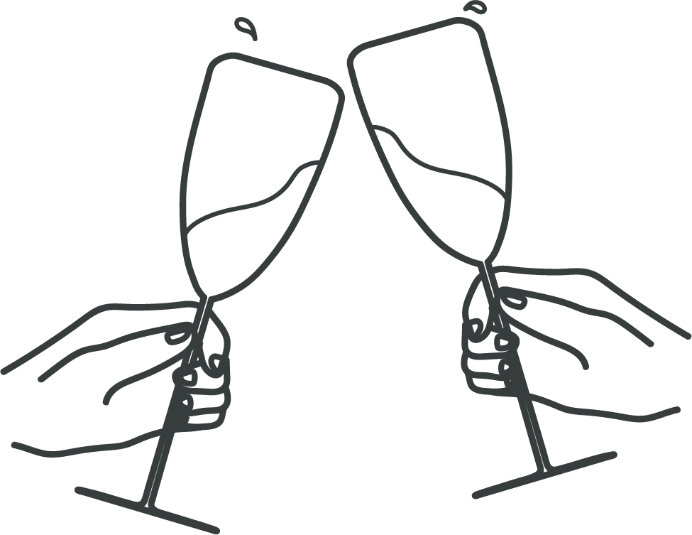 Two hands clinking wine glasses in a toast with small droplets indicating cheers.