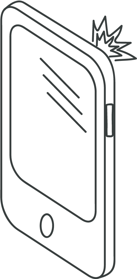 Line drawing of a smartphone emitting a notification or alert signal from its top-right corner.