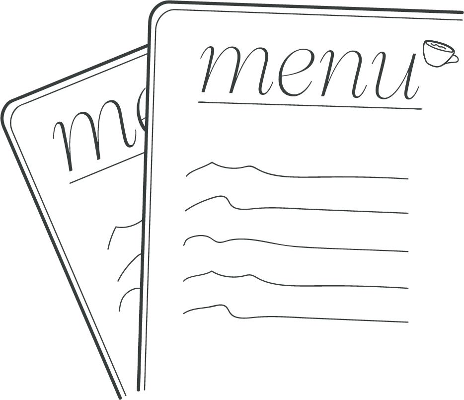 Line drawings of two overlapping restaurant menus with the word 'menu' and a small coffee cup icon at the top.