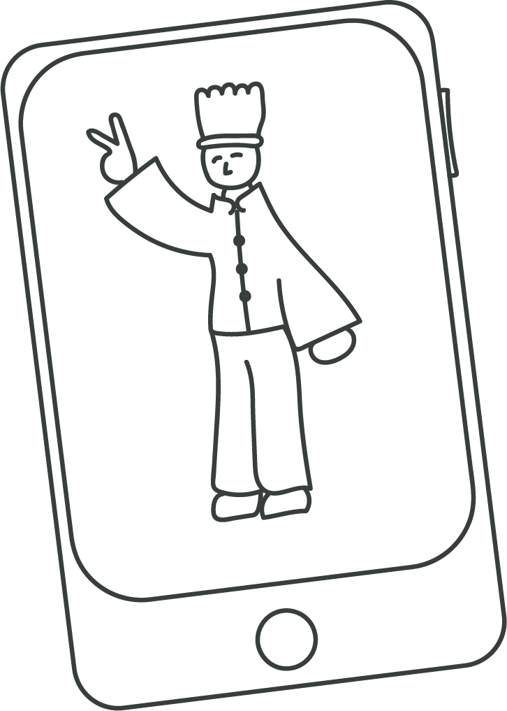 Line drawing of a chef in traditional attire making an okay hand gesture on a smartphone screen.
