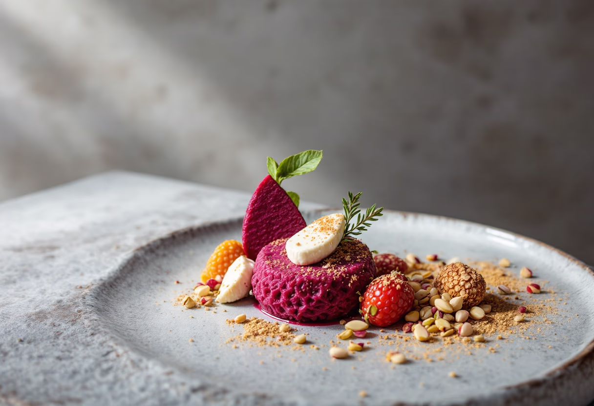 Gourmet plated dessert with a purple mousse, cream dollops, fresh berries, seeds, crumbs, and a sprig of herbs on a gray ceramic plate.