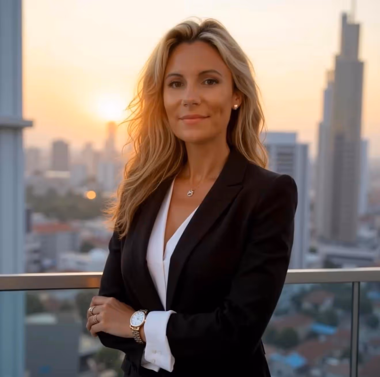 Confident woman in a black blazer and white blouse standing with arms crossed on a balcony overlooking a city at sunset.