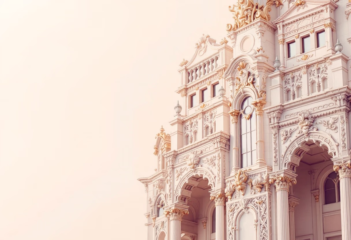 Ornate white and gold Baroque-style building facade with detailed columns, arches, and sculptures.
