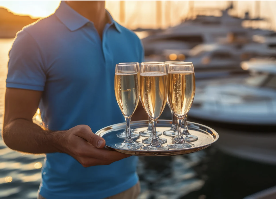 Person in blue shirt holding a tray with six glasses of champagne near docked yachts at sunset.