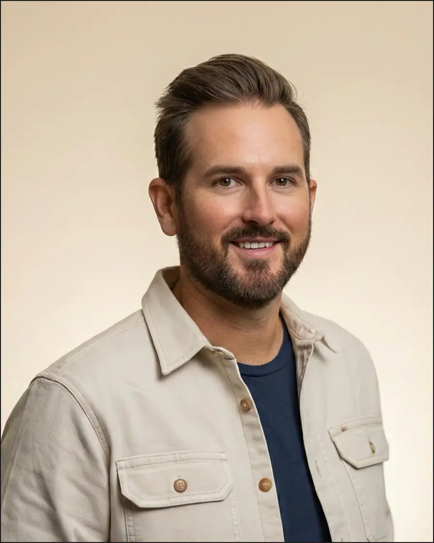 Smiling man with short brown hair and beard wearing a beige jacket over a dark blue shirt against a light background.