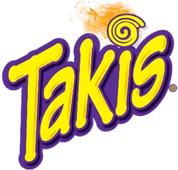 Takis brand logo with yellow text and a purple outline, featuring a spiral design and an orange flame.
