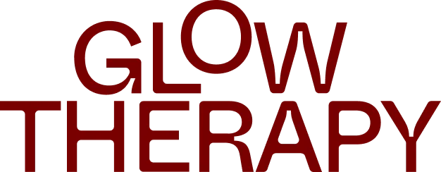 Text reading 'GLOW THERAPY' in bold, dark red uppercase letters on a black background.