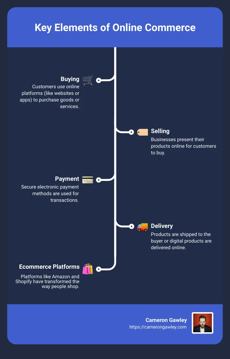 Infographic: Key Elements of Online Commerce - Buying, Selling, Payment, Delivery - online commerce infographic infographic-line-5-steps