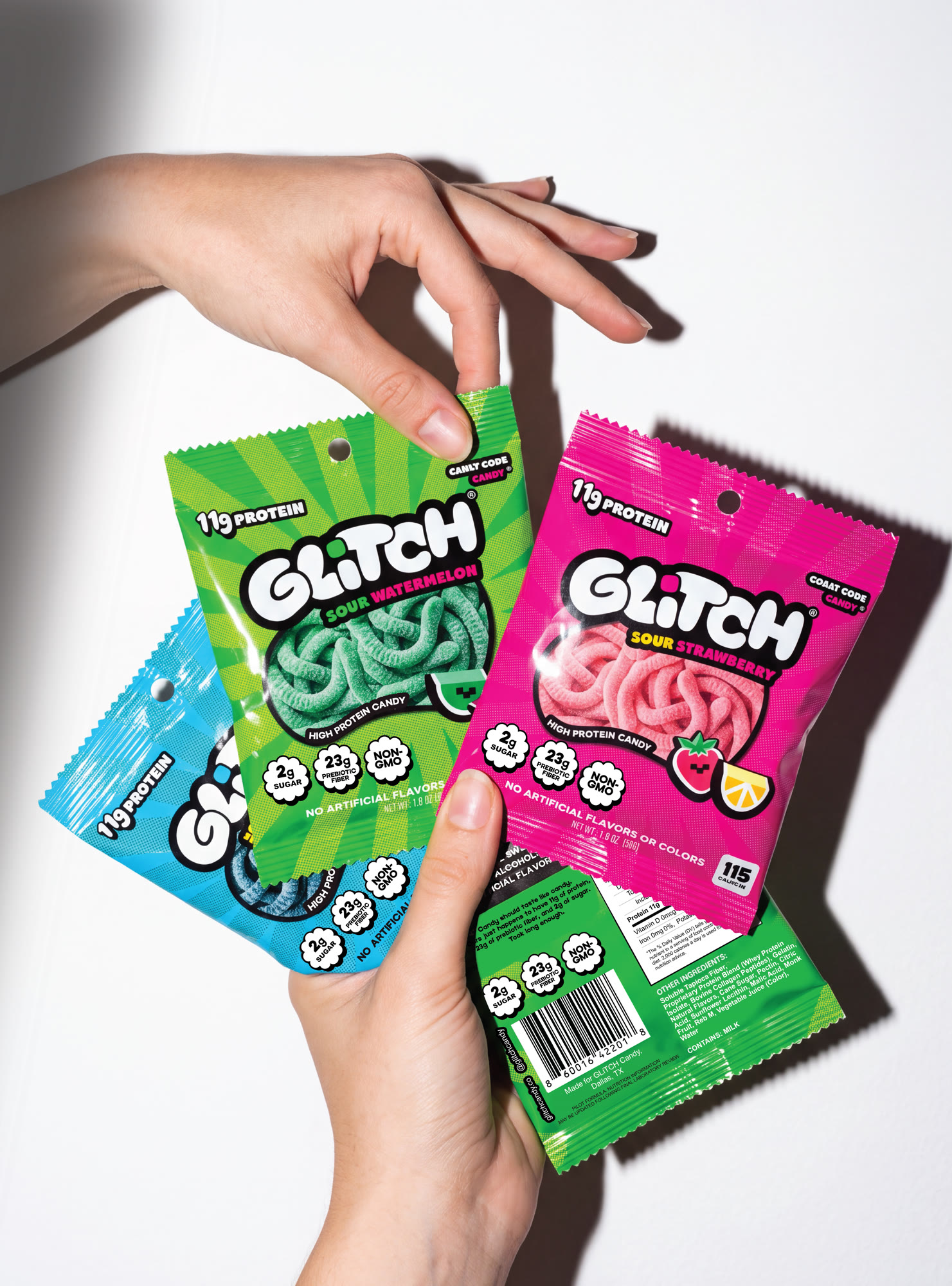 Lifestyle shot of GLiTCH Cheat Code Candy, high-protein high-fiber low-sugar sour gummy brand