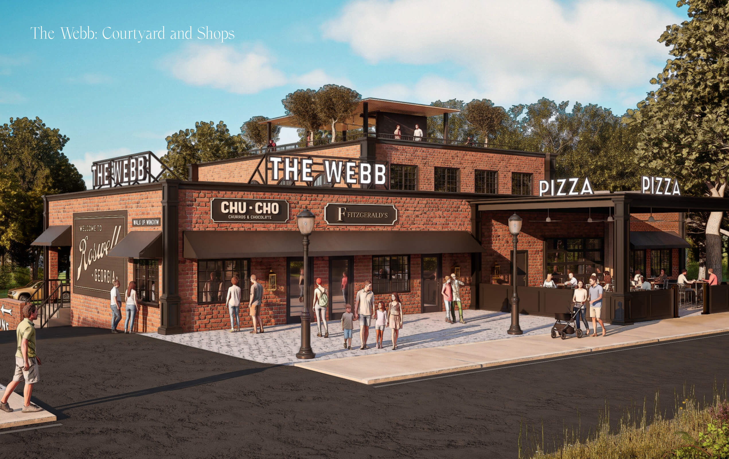 Outdoor view of The Webb courtyard and shops, showing a brick building with multiple signs including 'THE WEBB,' 'CHU-CHO Churros & Chocolate,' 'Fitzgerald's,' and 'PIZZA.' People walk and gather outside, with some seated in an outdoor dining area under a covered patio. The building features a rooftop terrace with trees and people enjoying the space. A sign on the side reads 'Welcome to Roswell Georgia.'