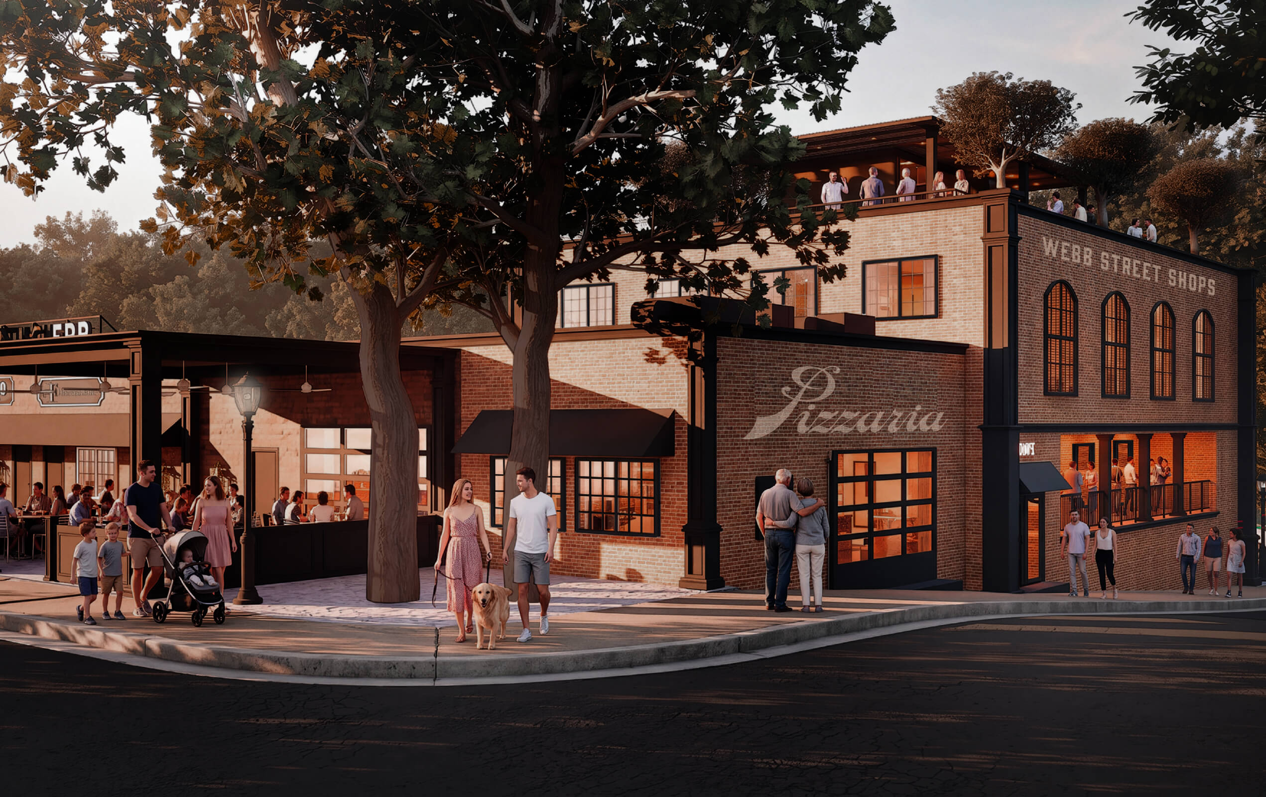 Evening scene of a lively urban street corner featuring a brick building with signs reading 'Pizzaria' and 'Webb Street Shops.' People are walking on the sidewalks, including a couple with a dog, a family with children and a stroller, and others enjoying outdoor dining and socializing on a rooftop and patio. Large trees provide shade along the walkway.
