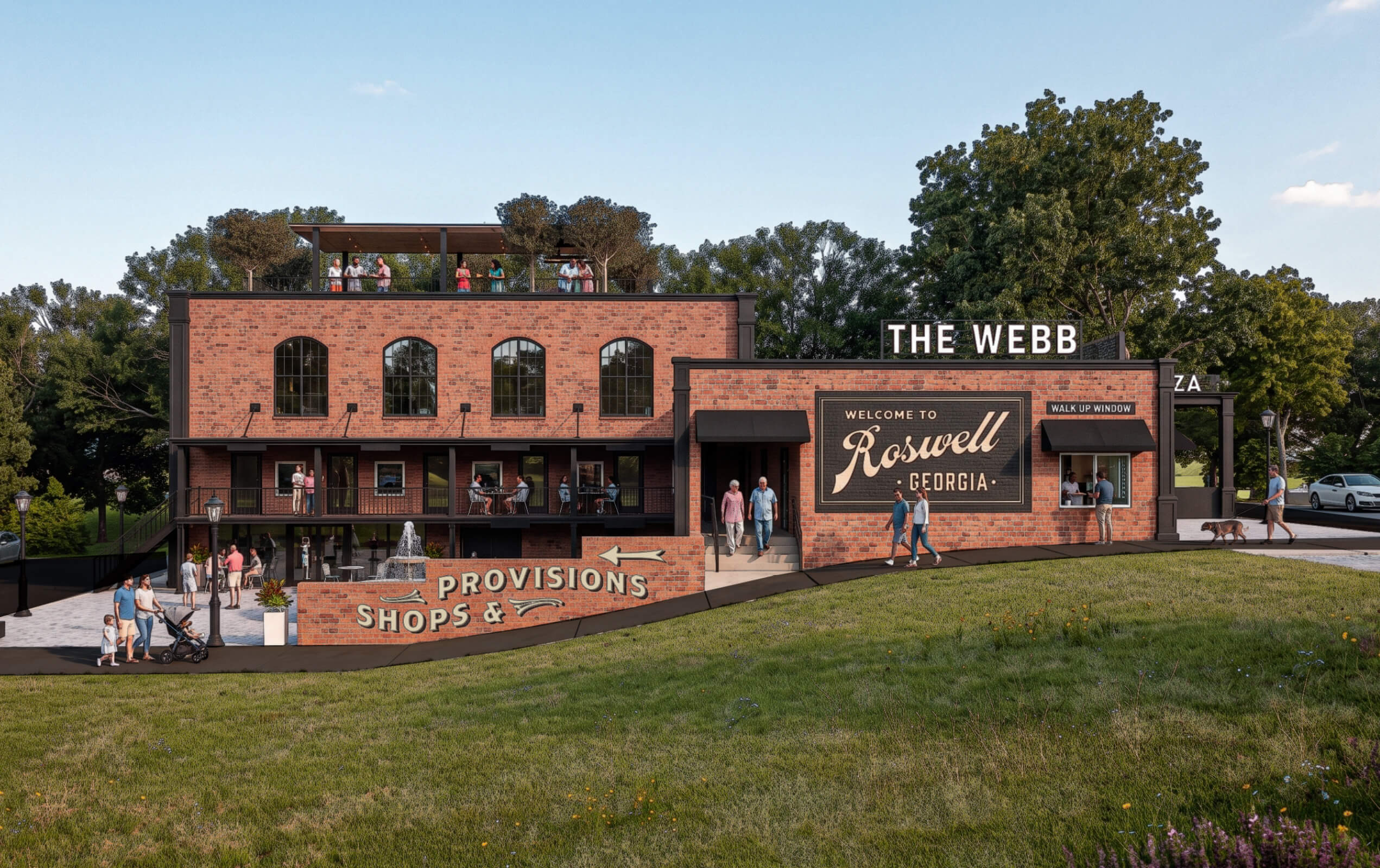 Brick building named The Webb with multiple arched windows, outdoor seating on two levels, a rooftop terrace with people, and a sign welcoming visitors to Roswell, Georgia, next to a walk-up window and a sign pointing to provisions and shops. People walk and gather around the building, and there is a grassy area in the foreground.