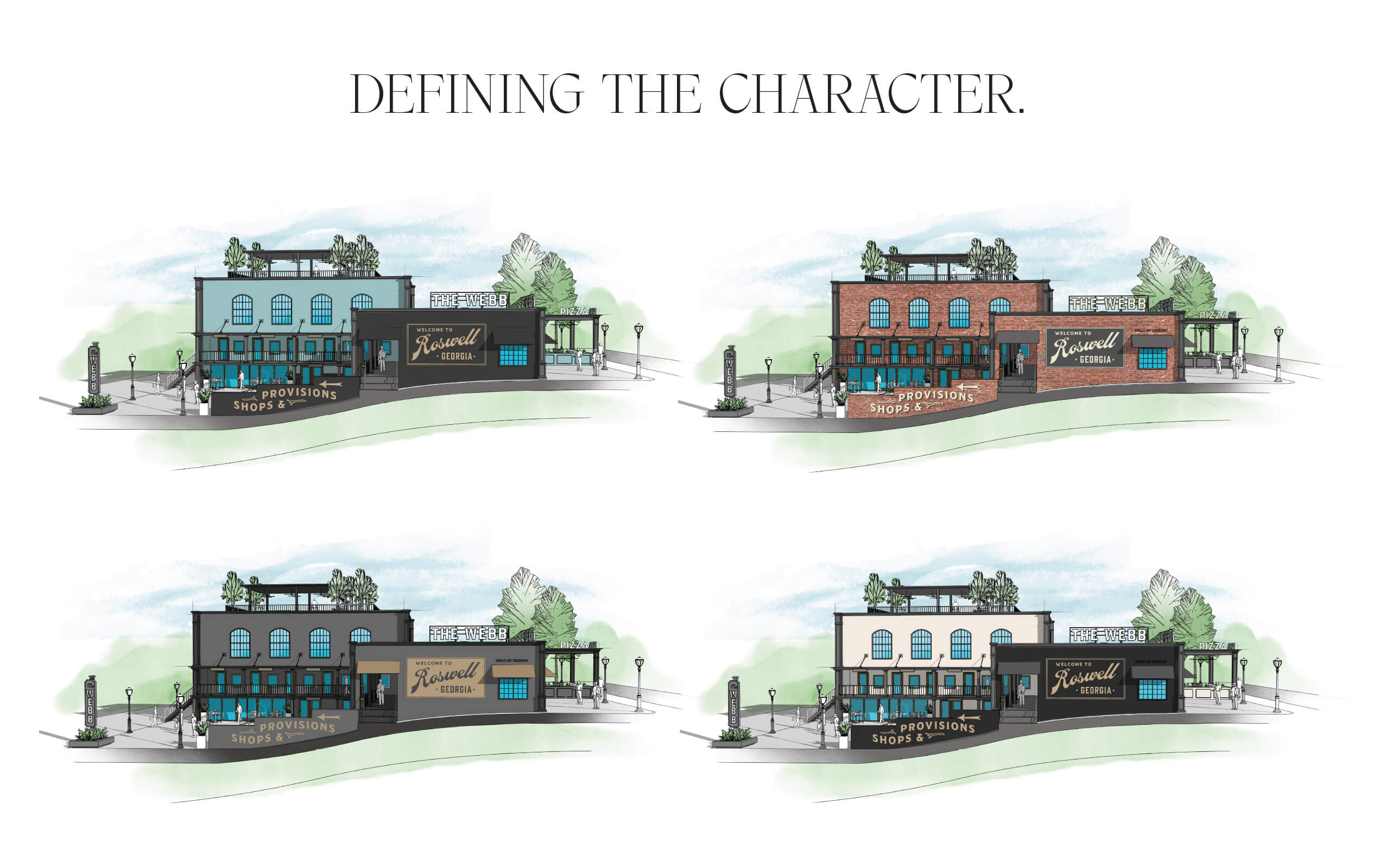 Architectural illustrations of a retail building named 'The Webb' in Roswell, Georgia, showing four design variations with different exterior colors and materials, including blue, red brick, dark gray, and beige finishes, featuring shops, provisions, a pizza place, rooftop greenery, and people walking nearby.