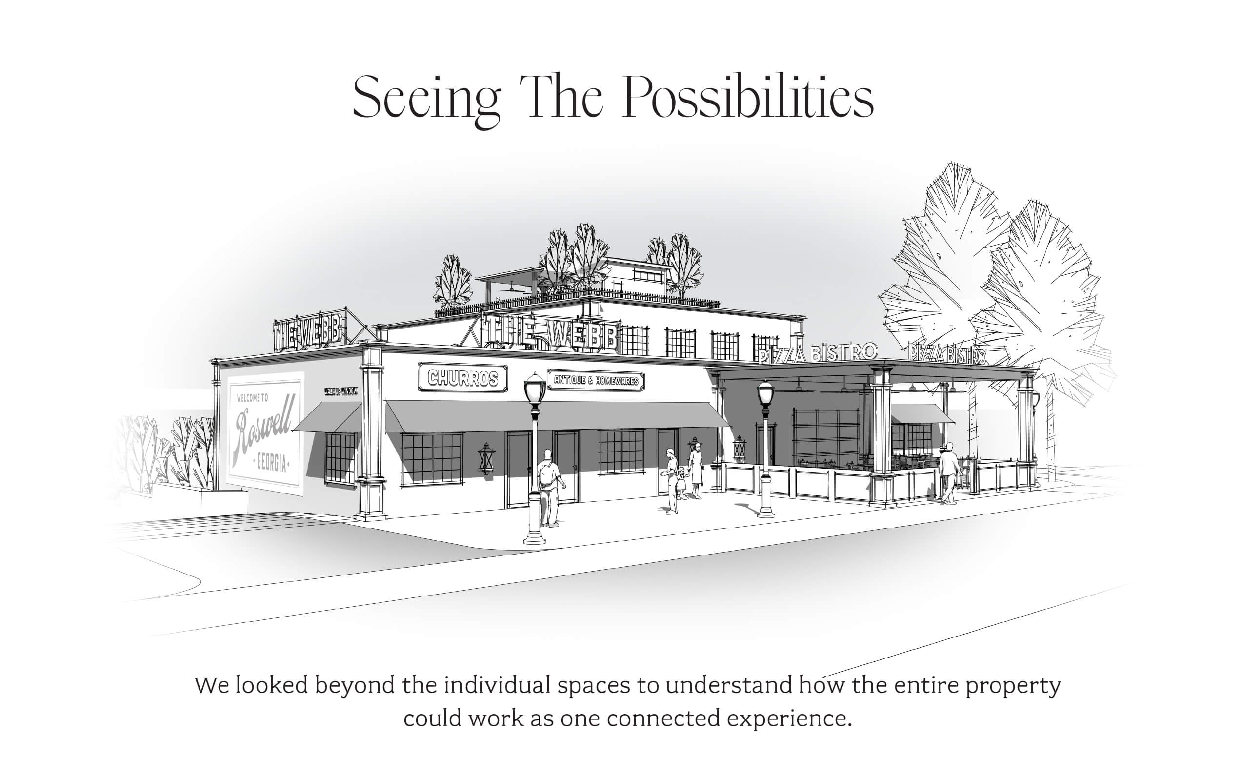 Architecture sketch of a commercial building labeled The Webb, featuring storefronts for churros, antiques and homewares, and a pizza bistro, with people walking nearby and trees in the background.