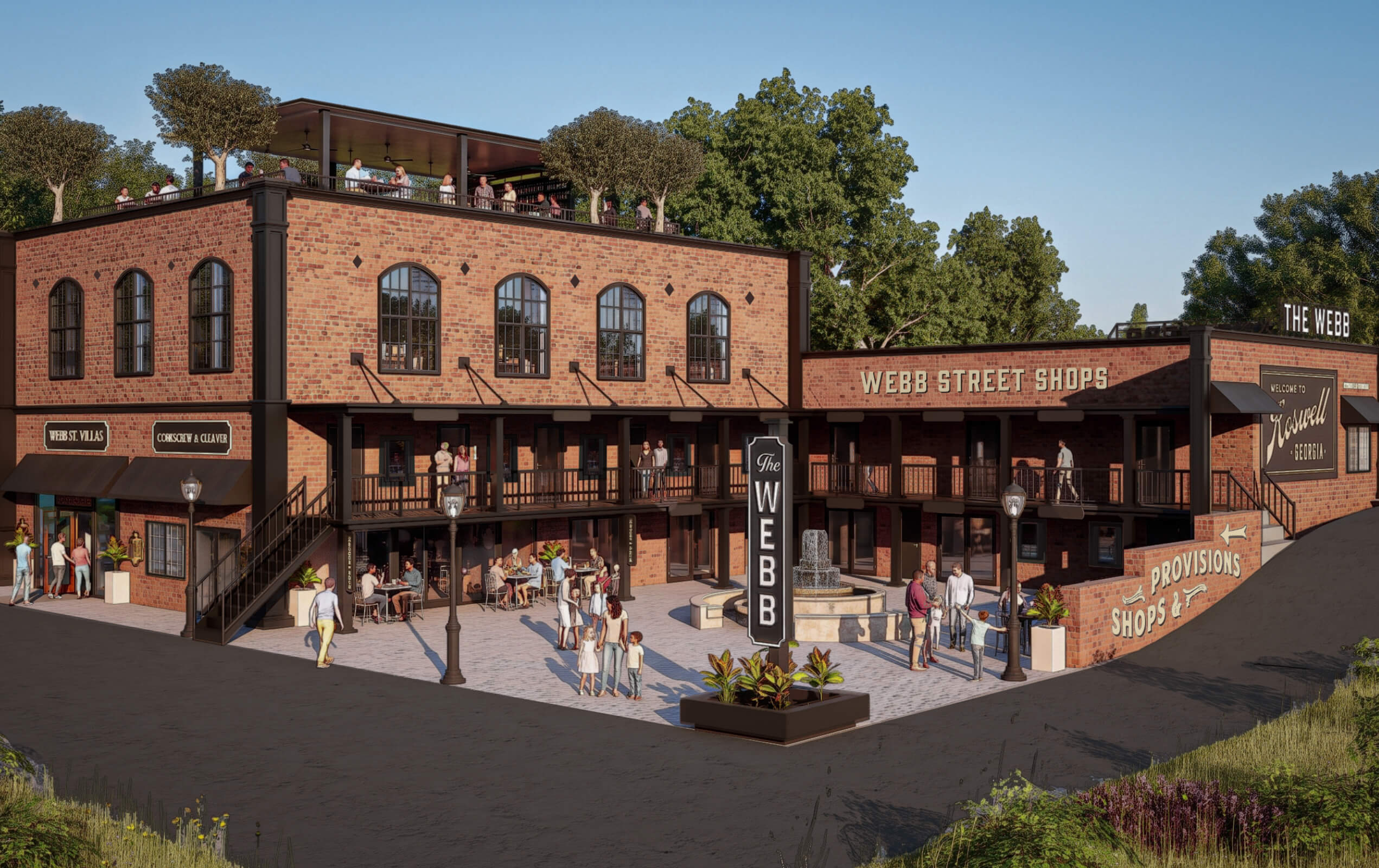 Brick building complex with two stories labeled Webb Street Shops featuring outdoor seating, people walking and socializing, a central fountain, and a rooftop patio with trees and additional people, under a clear blue sky.