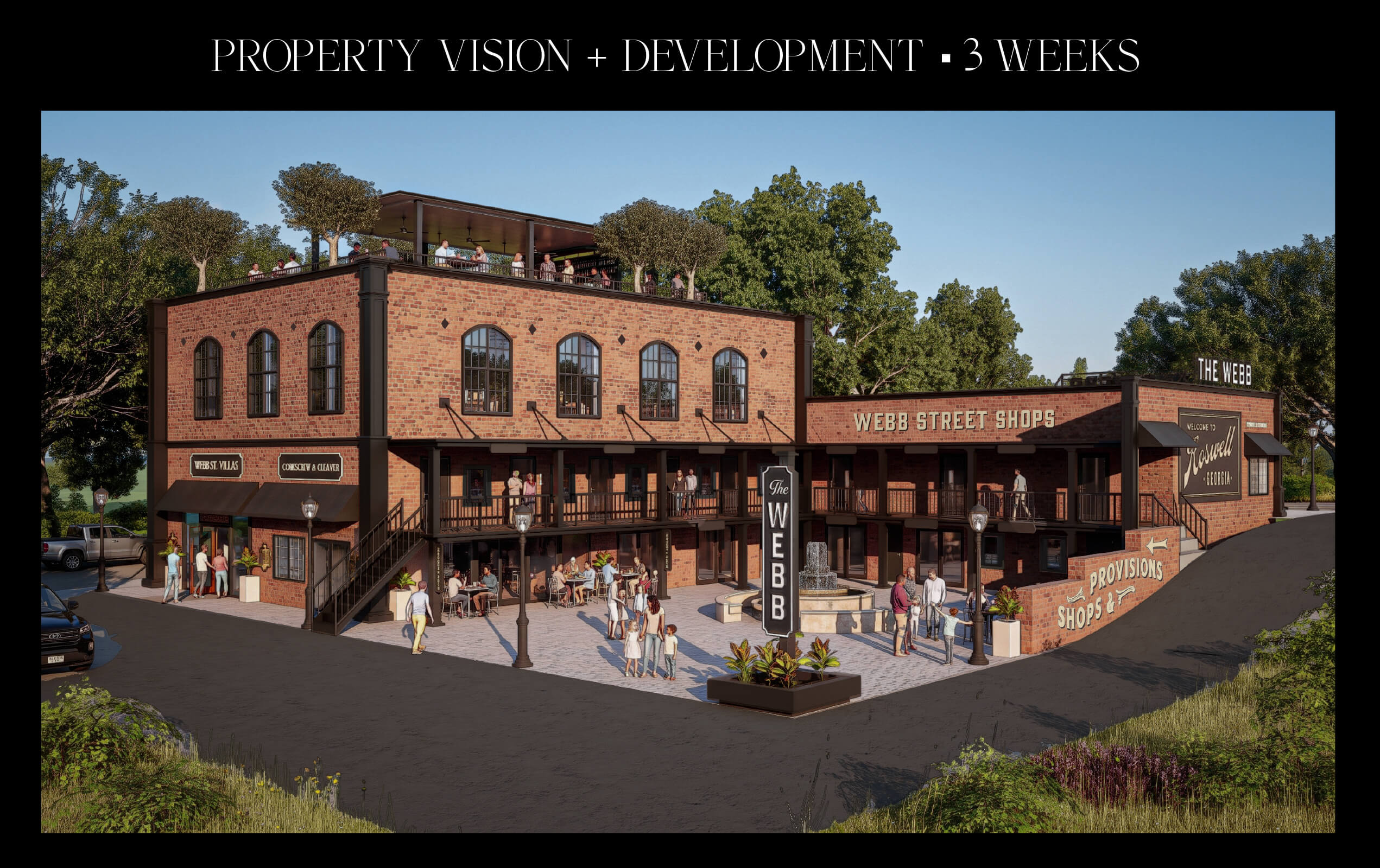 Rendering of a two-story brick commercial building with outdoor dining, pedestrians, and a central fountain, labeled Webb Street Shops with rooftop seating and surrounding trees.