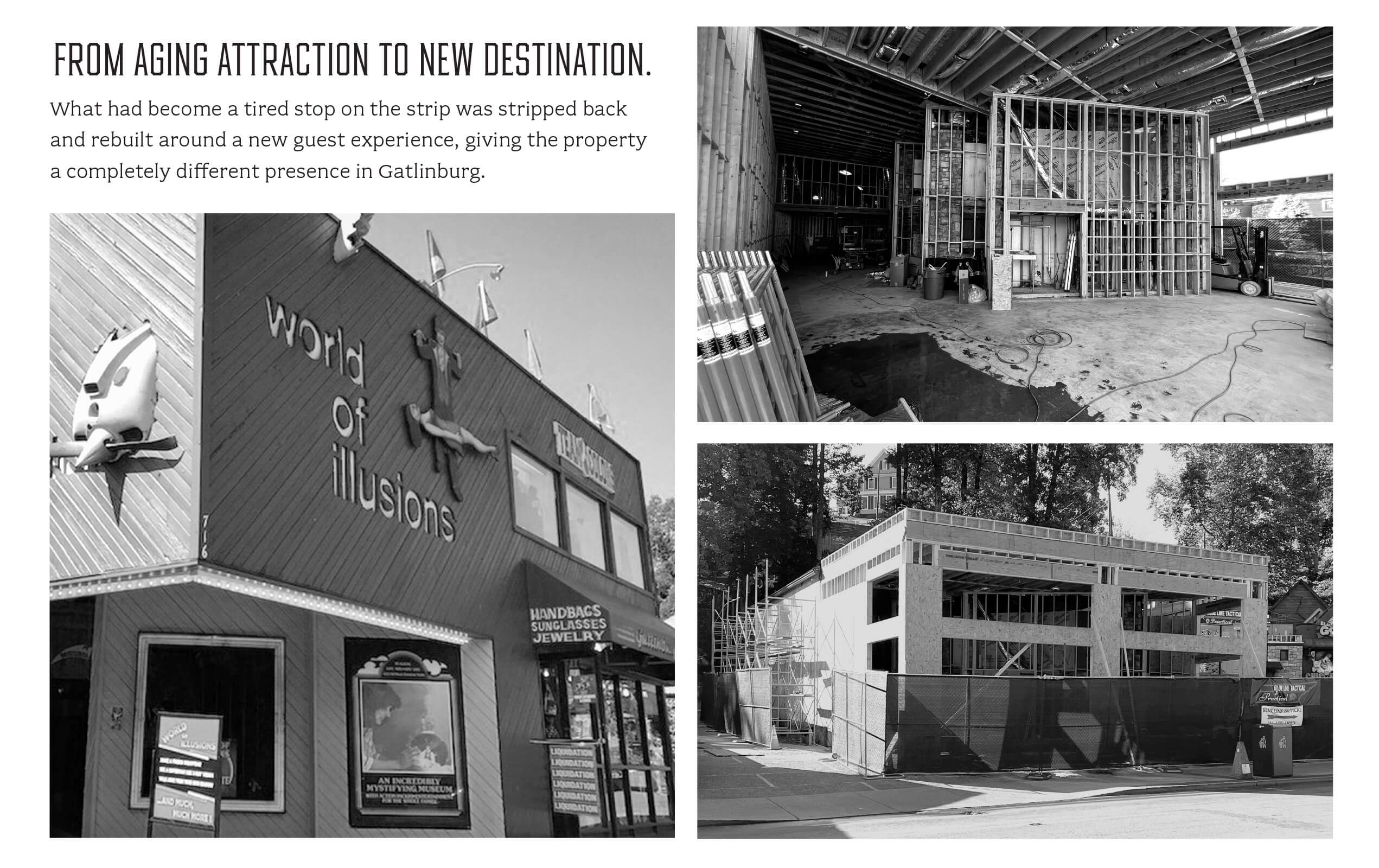 Three black and white photos depicting the transformation of a property in Gatlinburg from an aging attraction called 'World of Illusions' to a new construction site with framed structures and scaffolding, illustrating a revitalization process.