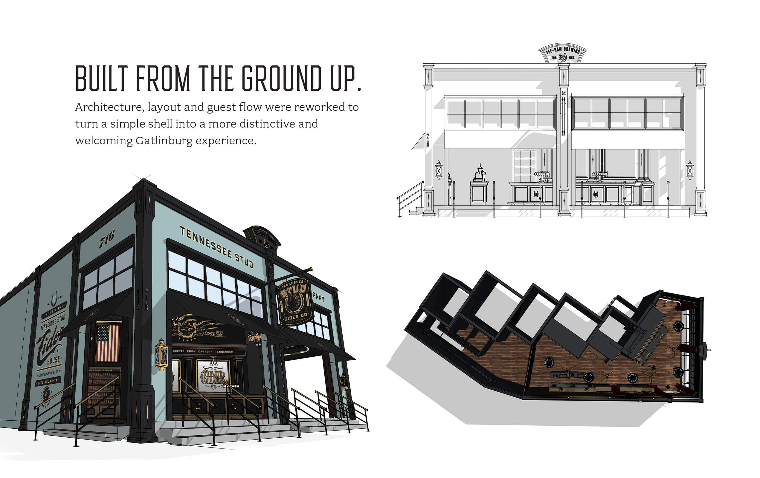 Illustrations showing the reworked architecture and layout of Tennessee Stud Cider Co. in Gatlinburg, including a 3D exterior view of the building, a front elevation sketch, and a floor plan with wooden flooring and bar areas.