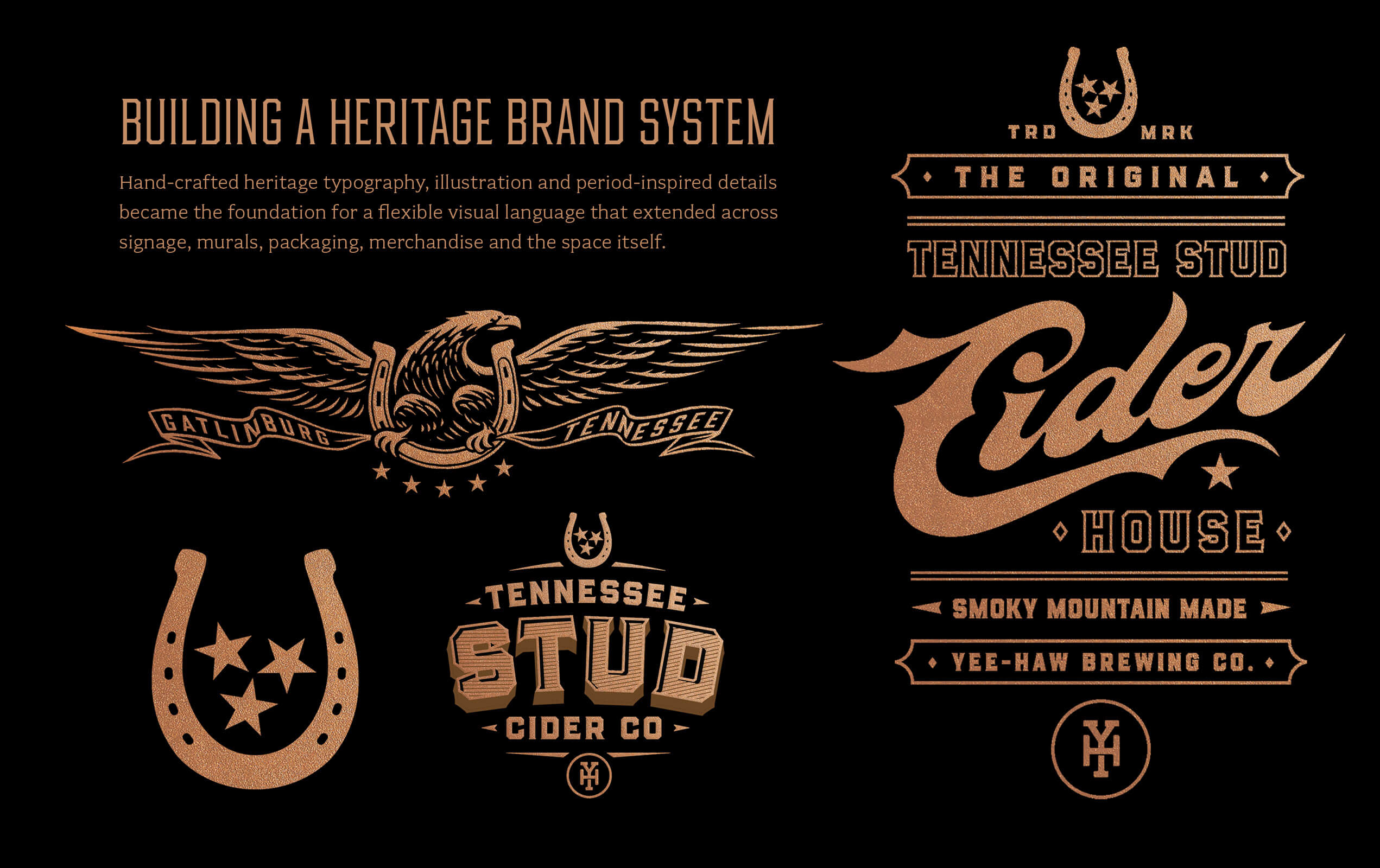 A heritage brand system display with hand-crafted typography and illustrations in brown on black. Text reads "BUILDING A HERITAGE BRAND SYSTEM" and describes using heritage typography and period-inspired details for a flexible visual language across signage, murals, packaging, merchandise, and space. Logos include an eagle with outstretched wings holding a horseshoe banner reading "GATLINBURG TENNESSEE," a horseshoe with three stars inside, a badge-style logo reading "TENNESSEE STUD CIDER CO" with a horseshoe and YH monogram, and a large stylized "Elder" text with "THE ORIGINAL TENNESSEE STUD HOUSE," "SMOKY MOUNTAIN MADE," and "YEE-HAW BREWING CO." with a horseshoe and YH monogram.